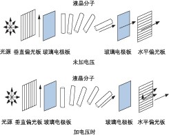 液晶 VOA 加電前后分子排列對(duì)比，展示偏振調(diào)控原理