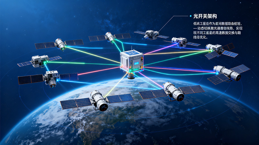 低軌衛(wèi)星星座光開(kāi)關(guān)部署架構(gòu)，展示光開(kāi)關(guān)在星間組網(wǎng)中的關(guān)鍵作用