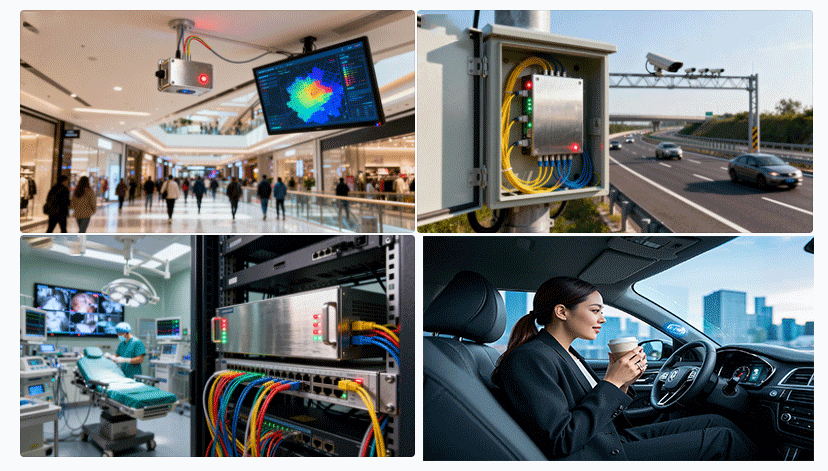 光開關(guān)在室內(nèi)定位、智能交通、醫(yī)療通信等典型場景示意圖 - 廣西科毅